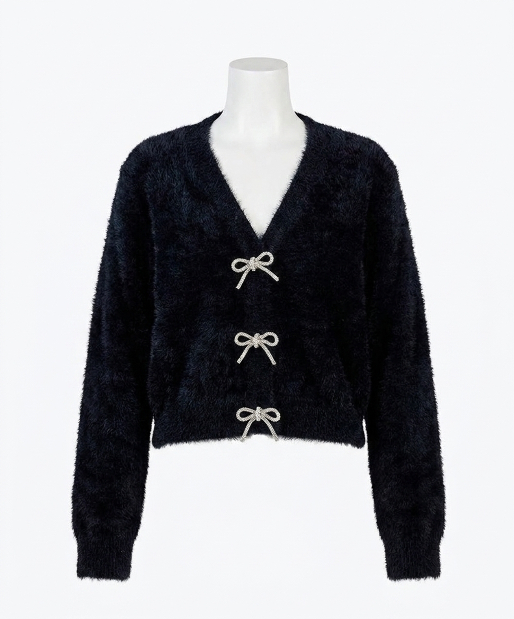 NEW SADIE & SAGE porcelain cardigan with rhinestone bows in black